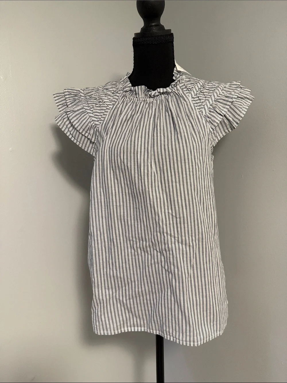 J. Crew White and Navy Striped Ruffle Sleeve Blouse